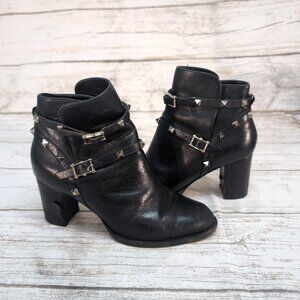 Valentino Garvani Black Leather Strappy Moto Boots Chunky Heel Women Size 37